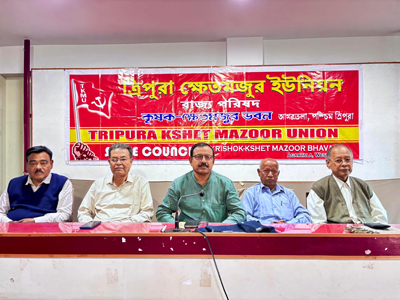 Leaders of Tripura Khet Mazdoor Union addressed a media gathering during their state conference at Agartala on December 2.